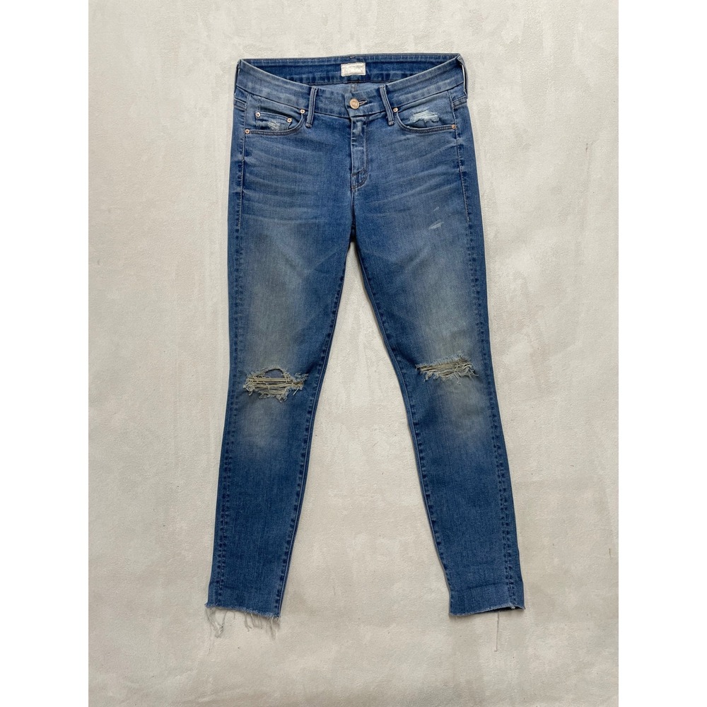 Mother The Looker Distressed Skinny Jeans Blue Size 26 Raw Hem RN133376